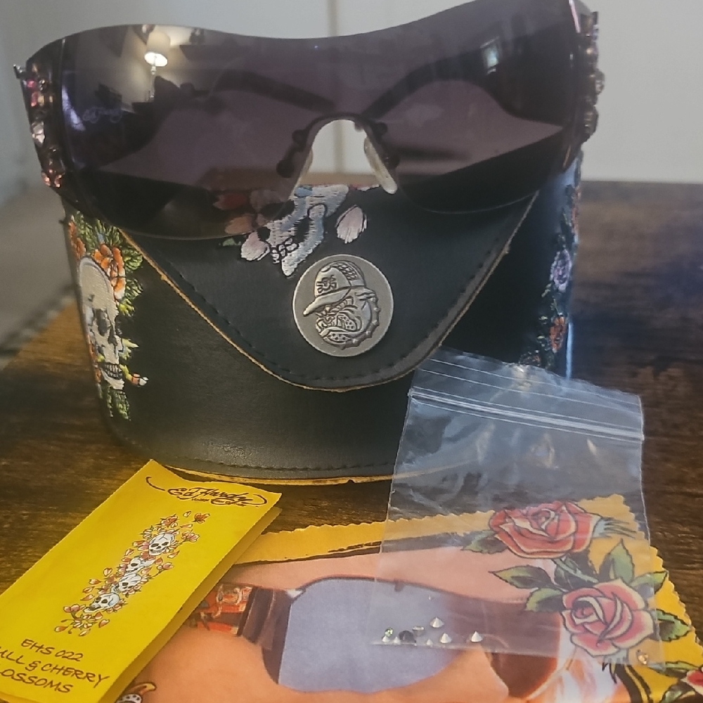Ed Hardy Black Sunglasses with Skull and Floral Design. Extra Crystals Included.